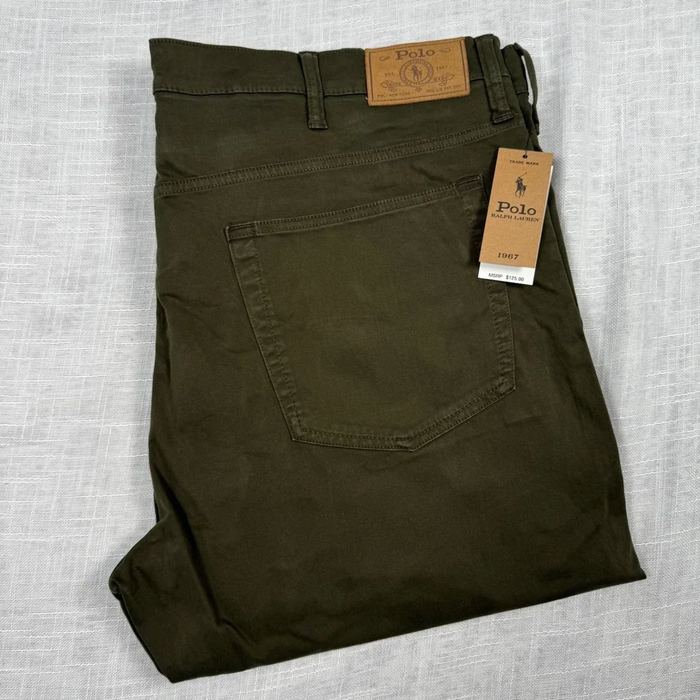 NWT Polo Ralph Lauren Varick Slim Straight Sateen Pant Green 42Tx36 Preppy Fall